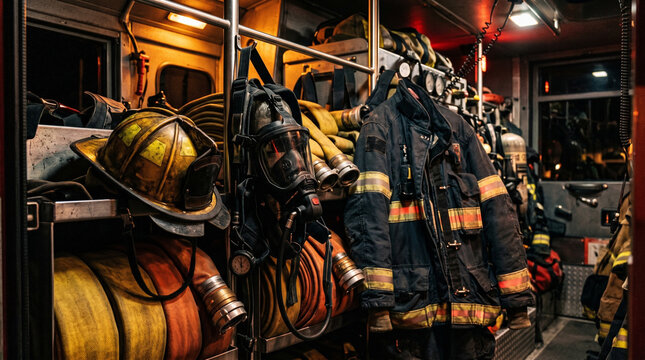 Interior view of a fire truck compartment showing organized firefighting gear including a yellow helmet, a selfcontained breathing apparatus mask, and protective turnout gear hanging on racks