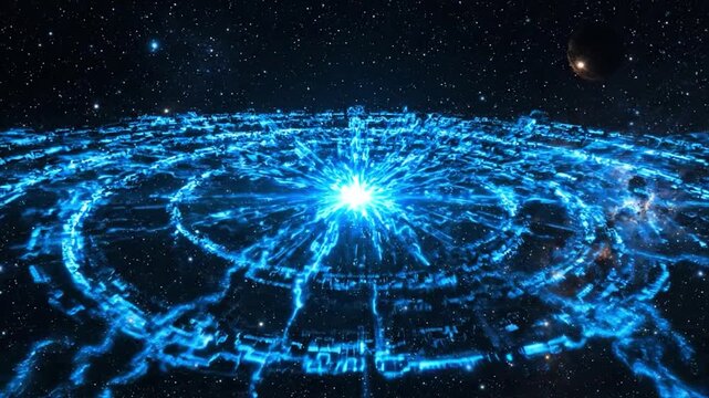 Sci-fi Ring World in Space: A massive, intricate ring-shaped structure pulses with blue energy, suspended in the vastness of space with distant stars and a celestial body.