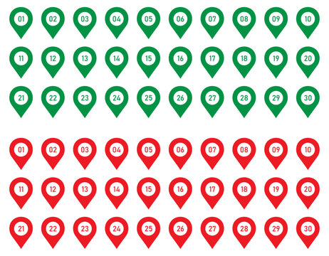 Green and red map pin location marker icons with numbered navigation points. GPS destination symbols for maps, routes, tracking, geolocation, wayfinding, and location services.
