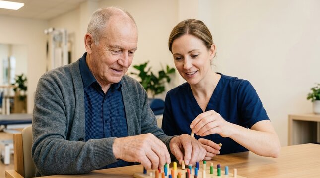 Occupational therapist working with an elderly man on motor skills. Senior patient performing cognitive rehabilitation exercise in a clinic