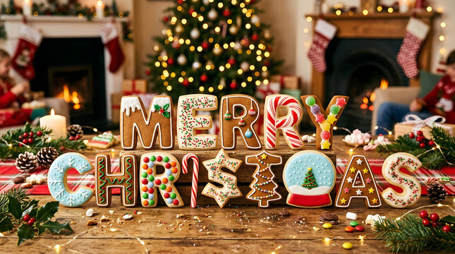 Merry Christmas cookies on a wooden table with festive decorations and blurred background transparent background