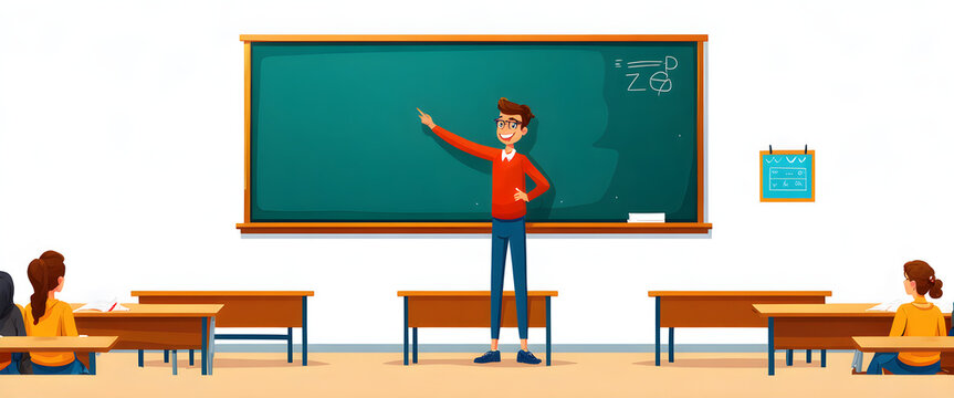 Teacher explaining math lesson on chalkboard in bright elementary classroom with attentive students