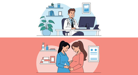 Fototapeta premium Healthcare concept showing a doctor working at his desk and a nurse or midwife examining a pregnant woman at the clinic.