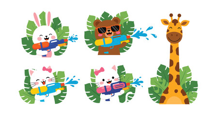 Obraz premium Fun summer illustration of a rabbit bear giraffe and cats playing with water guns in front of tropical palm leaves.