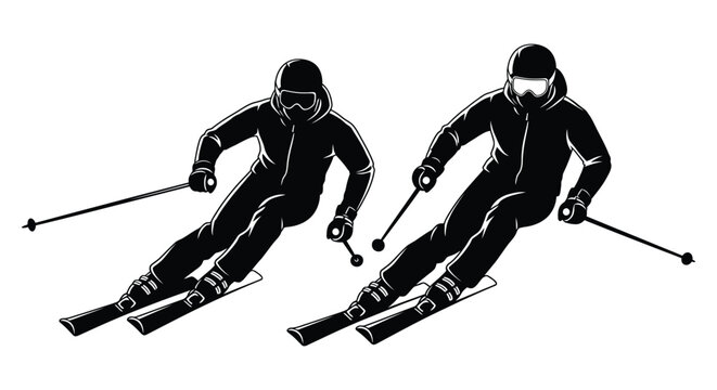 Two Skiers In Action Black Silhouette skier