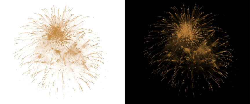 Golden fireworks explosion isolated on white and black background, festive pyrotechnics display for celebration, sparkling gold firework burst