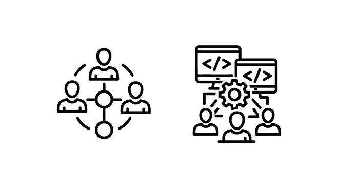 Team networking and software development icons showing people connection nodes and a technical team working on coding projects with networking, software