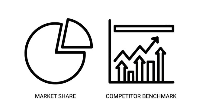 Market share pie chart and competitor benchmark bar graph icons representing business analysis and comparative performance metrics with competitor, benchmark