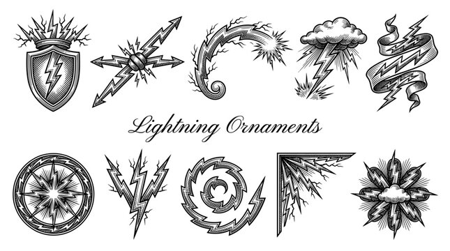 Vintage Engraved Lightning Bolt Ornaments Collection, Retro Heraldic Thunder Strike Vector Design Elements with Clouds, Shield, and Ribbon