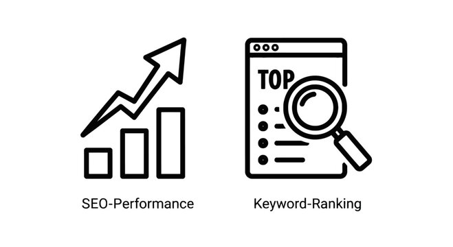 Seo performance and keyword ranking icons with search engine optimization bar chart line graph magnifying glass web design ranking factors search resul