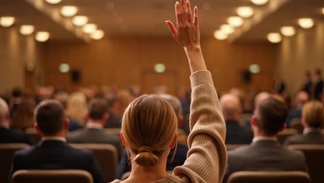 Woman with a blonde bun and a beige sweater raising their hand in a crowded room. Question time person in a brown sweater raising their hand to ask a question during a conference, broadcast, seminr.
