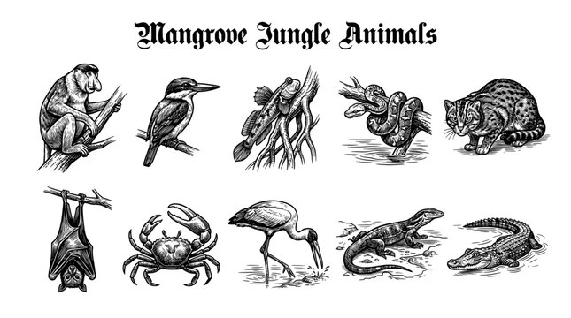 Vintage Mangrove Jungle Animals Vector Illustration Set Featuring Proboscis Monkey, Crocodile, Mudskipper, Fishing Cat, and Kingfisher in Hand Drawn Engraving Style