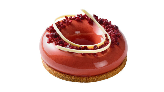 Glossy red mousse cake with white chocolate curls and dried berries, isolated on transparent background