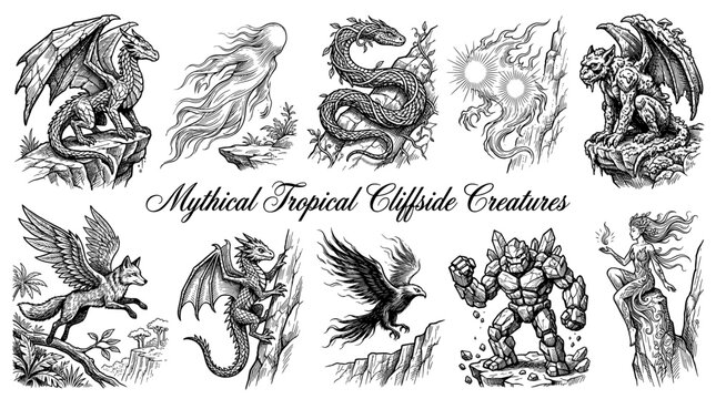 Set of Hand Drawn Mythical Creatures and Fantasy Monsters in Engraving Style, Including Dragon, Phoenix, Golem, Gargoyle, Spirit, and Nymph, Vector Illustration Clipart Collection
