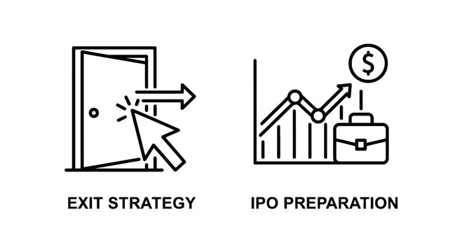 Business exit strategy and ipo preparation financial concept line art icons with financial growth business expansion strategic planning economic developme