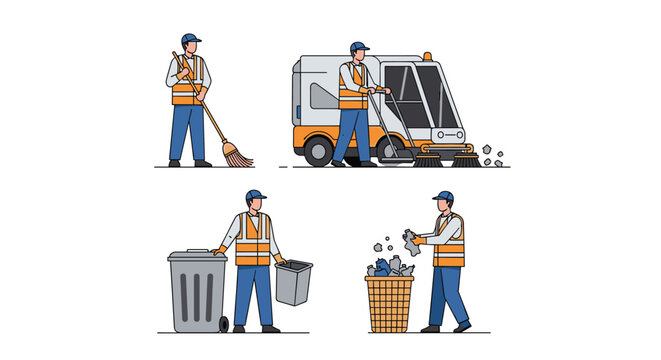 Set of sanitation workers in orange safety vests performing various tasks like sweeping, operating a vehicle, and collecting trash.