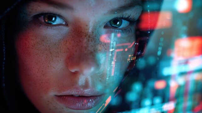 Young woman with freckles experiencing a digital futuristic interface reflected on her face in a dimly lit high-tech environment with blue and red lighting effects