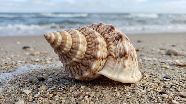 Colorful seashell with purple anemones on sandy beach