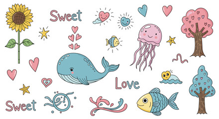 Obraz premium Sweet collection of ocean-themed illustrations featuring a blue whale, jellyfish, fish, hearts, trees, and cute sea creatures.