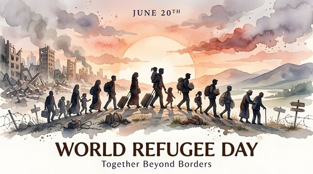 Refugees Traveling With Luggage Watercolor Illustration For World Refugee Day
