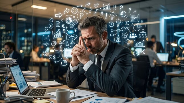 Businessman thinking hard in office with complex ideas swirling around his head