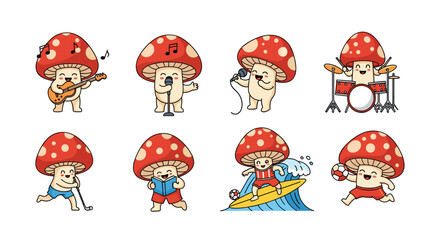 Fototapeta premium Fun collection of red mushroom characters engaged in various activities like playing instruments, surfing, and playing soccer.