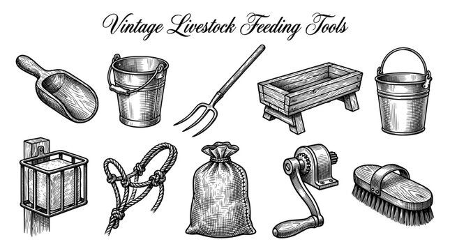 Vintage Livestock Feeding Tools Set Hand Drawn Engraving Vector Illustration