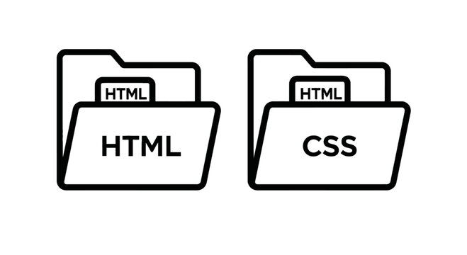 Minimalist folder icon set representing web development file types html and css with programming development software interface application language