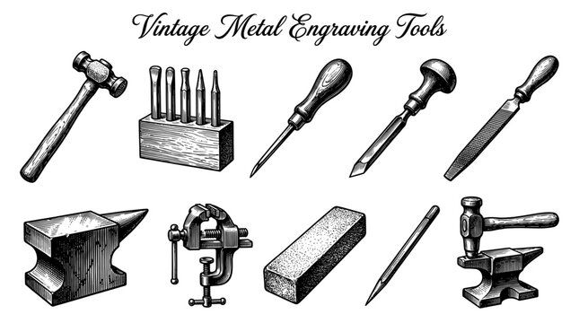 Vintage Metal Engraving and Jewelry Making Tools Set, Hand Drawn Woodcut Style Illustration with Anvil, Hammer, and Chisels