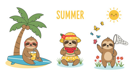 Fototapeta premium Adorable sloths enjoying various summer activities like surfing, eating watermelon, and catching butterflies under the warm sun.