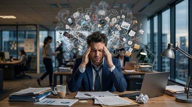 Overwhelmed businessman with exploding thoughts in office
