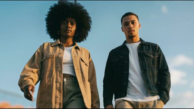 black woman and white man walking through sunlit stadium steps, stylish denim jackets and casual outfits, afro hairstyle, confident stride toward camera, warm