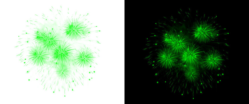 Green fireworks explosion on black and white backgrounds, vibrant pyrotechnic display for celebration, glowing emerald firework burst set