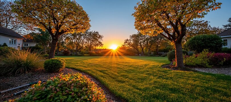 Backyard after seasonal maintenance with pruned trees and mulched garden beds at sunset