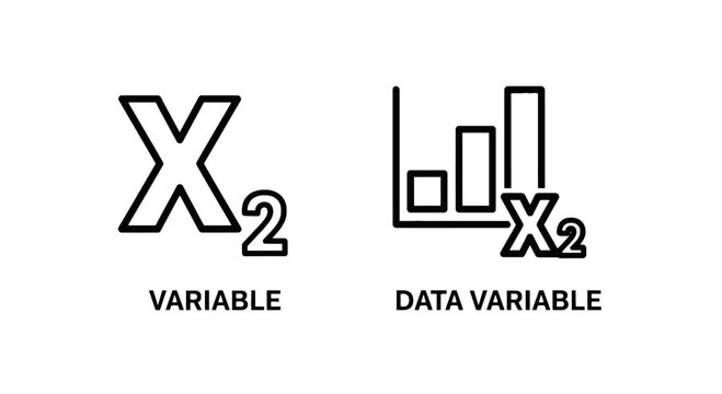 Mathematical variable and data variable icons featuring alphanumeric notation and statistical bar chart visualization for science and finance, variable