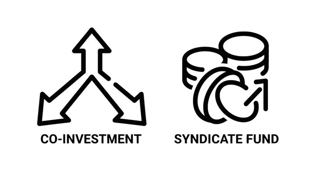 Investment and syndicate fund finance icons with investment syndicate business financial strategy economics management allocation portfolio planning