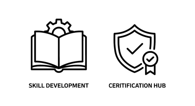 Skill development and certification hub icons with education certification learning training academic knowledge professional development qualificatio