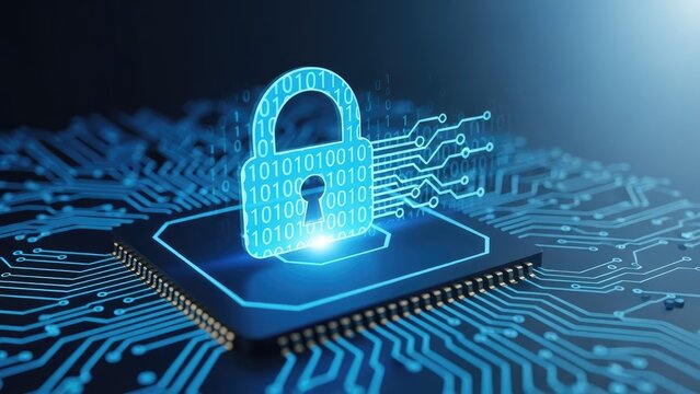 Digital padlock with binary code on circuit board representing cybersecurity
