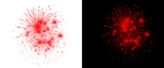 Fototapeta premium Vibrant red fireworks explosion on white and black backgrounds, festive pyrotechnic burst for celebration, glowing red firework display set