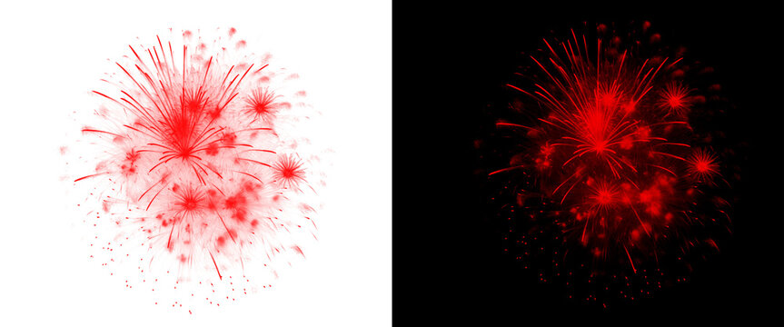 Vibrant red fireworks explosion on white and black backgrounds, festive pyrotechnic burst for celebration, glowing red firework display set
