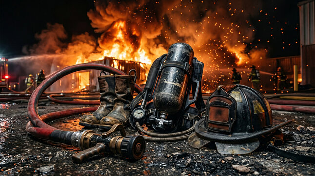 Firefighter gear including helmet, boots, and oxygen tank in front of a burning building at night
