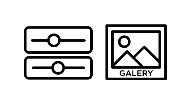 Minimalist digital interface icon set featuring simple slider controls and a graphic image gallery symbol for modern software application design, controls
