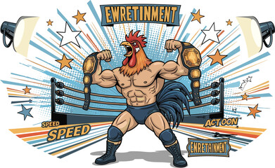 Muscular rooster wrestler character flexing with championship belts in a retro boxing ring with spotlights pop art vector © Kulsum