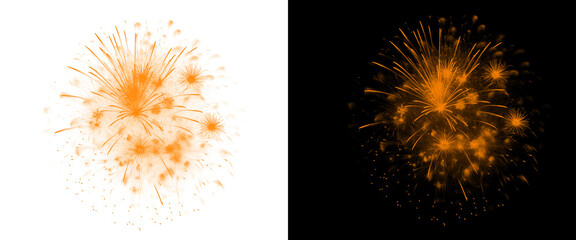 Orange firework explosion on black and white backgrounds, vibrant pyrotechnic burst for celebration, glowing orange sparks and light trails © Transparent Studio