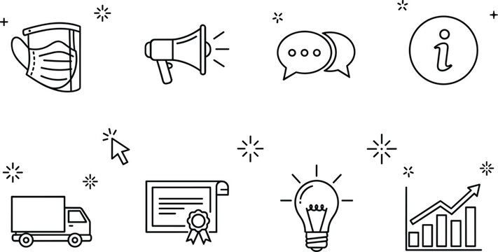 Medical face shield megaphone chat bubble delivery truck certificate lightbulb chart outline vector icon set for business service
