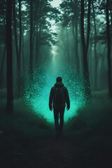 Fototapeta premium Enigmatic silhouette foggy woodland glowing pathway photos