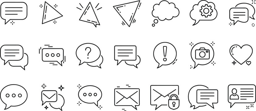 Chat bubble message envelope email outline vector icon set for social media digital communication interface notification contact support