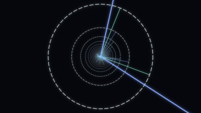 Abstract glowing tunnel with rotating neon lines and dashed circles