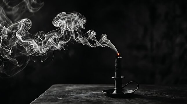 Incense stick burning with rising smoke against dark background