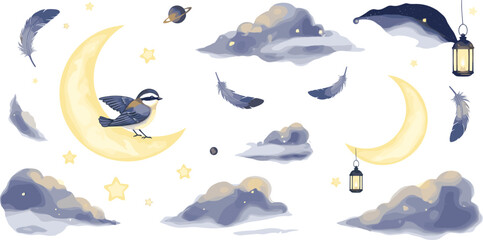 Watercolor night sky vector elements with crescent moon cute bird clouds glowing stars feathers and hanging lanterns illustration © Kulsum